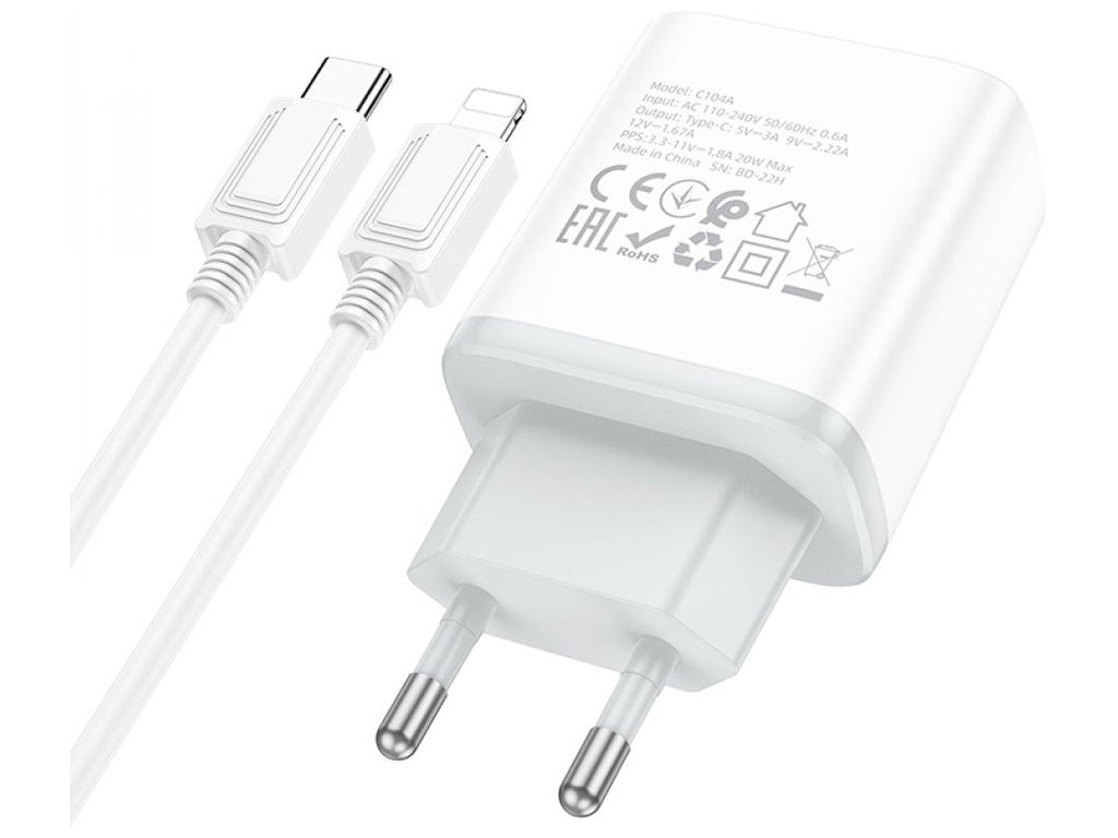 Мережевий зарядний пристрій Hoco C104A Stage single port PD20W Type-C to Lightning Колір Бiлий