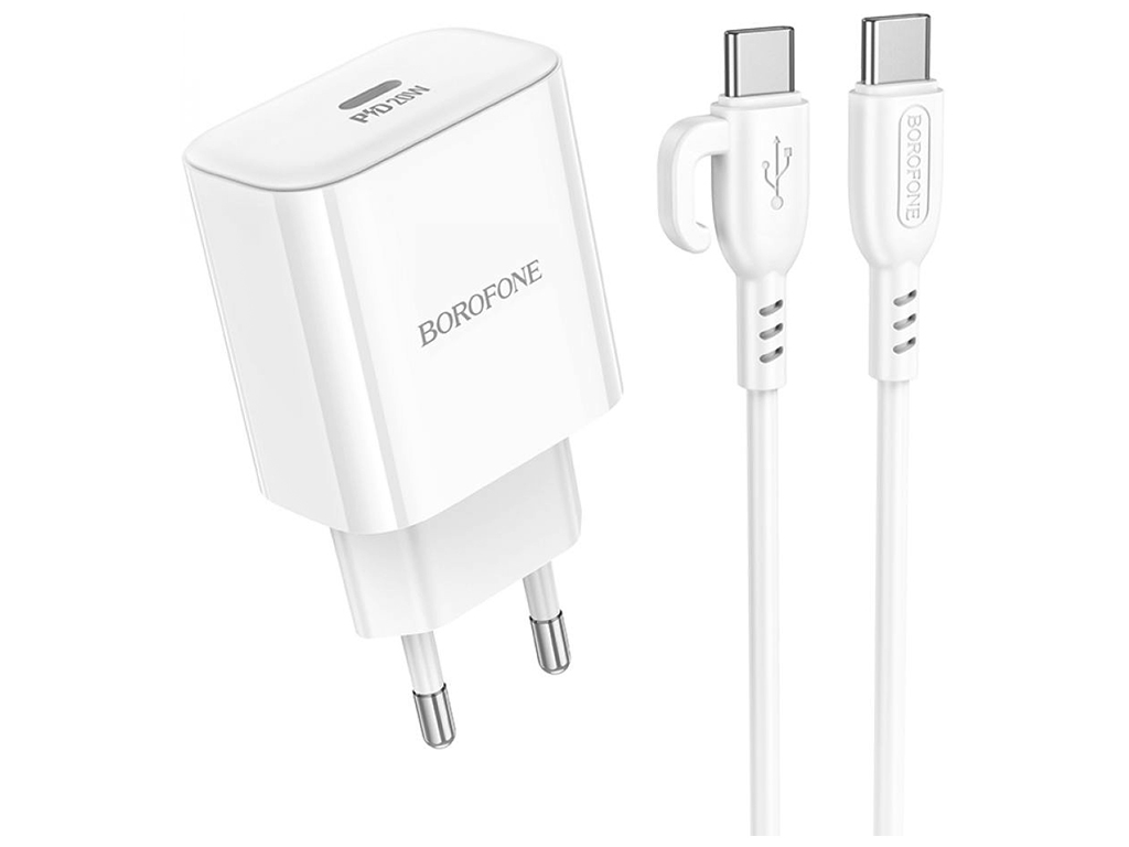 Мережевий Зарядний Пристрій Borofone BA81A 1 Type-C PD20W+Type-C to Type-C, Колір Бiлий