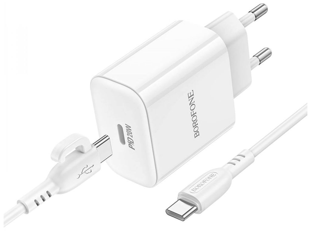 Мережевий Зарядний Пристрій Borofone BA81A 1 Type-C PD20W+Type-C to Type-C, Колір Бiлий