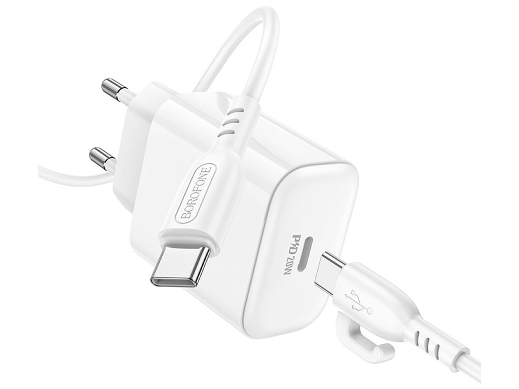 Мережевий Зарядний Пристрій Borofone BA81A 1 Type-C PD20W+Type-C to Type-C, Колір Бiлий