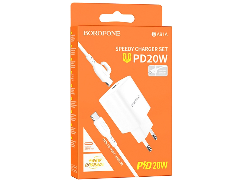 Мережевий Зарядний Пристрій Borofone BA81A 1 Type-C PD20W+Type-C to Type-C, Колір Бiлий