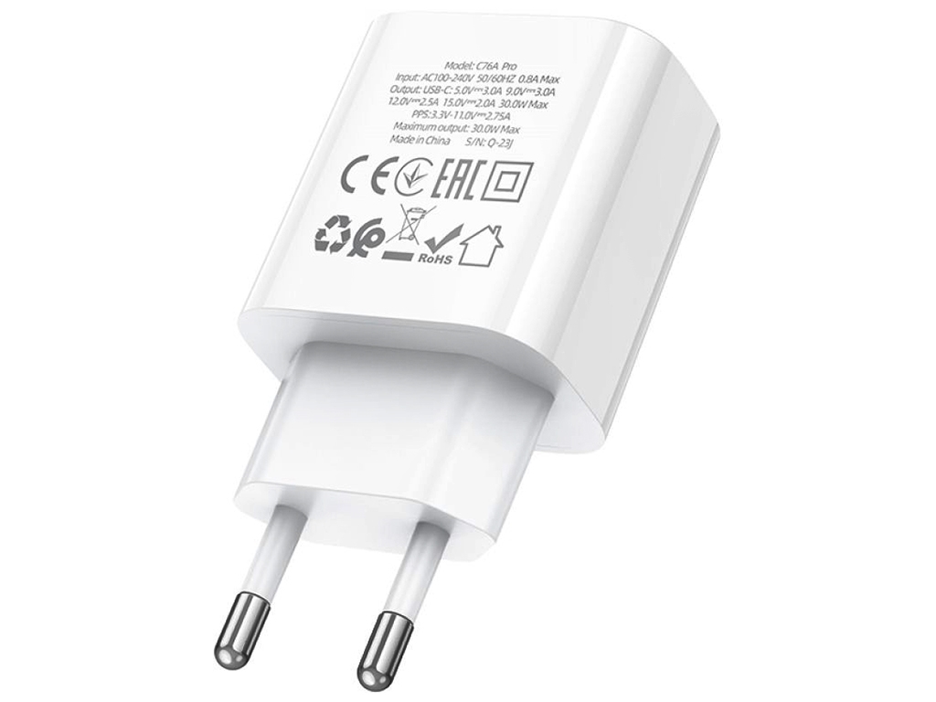 Мережевий Зарядний Пристрій Hoco C76A Pro 1Type-C PD/QC 30W, Колір Бiлий