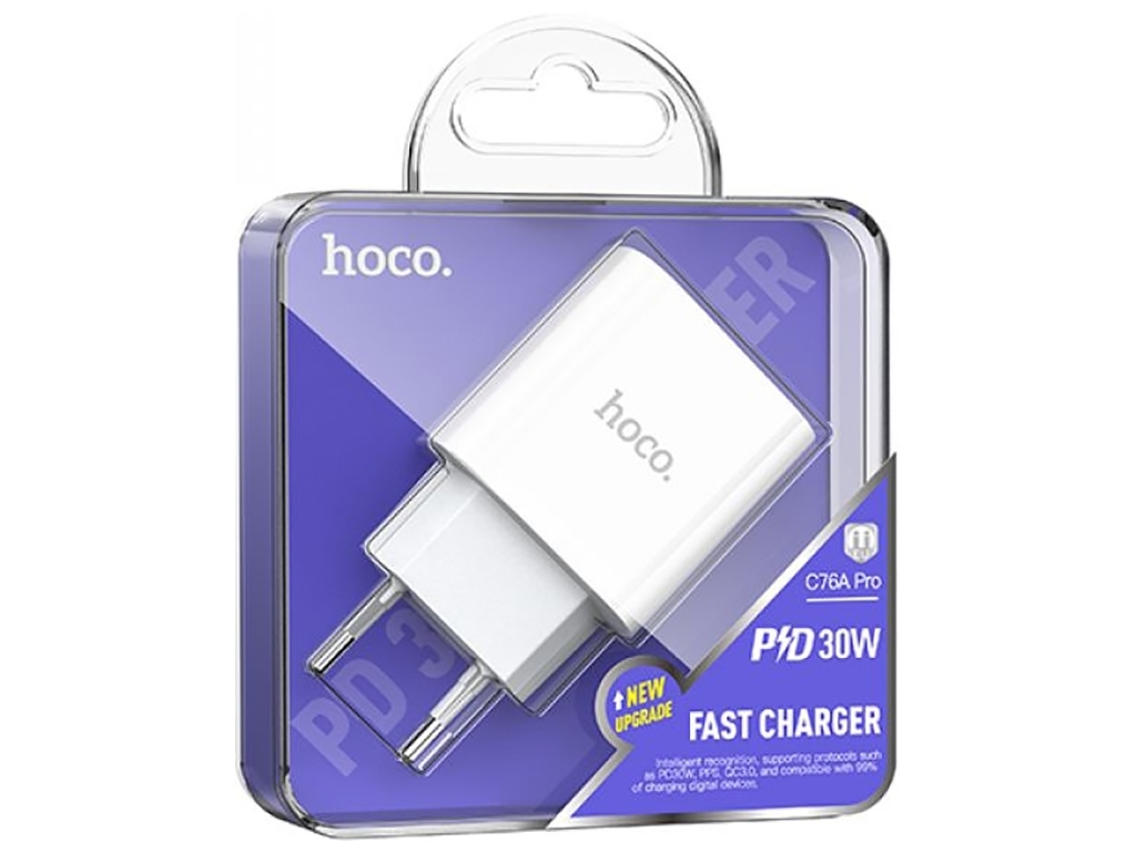 Мережевий Зарядний Пристрій Hoco C76A Pro 1Type-C PD/QC 30W, Колір Бiлий