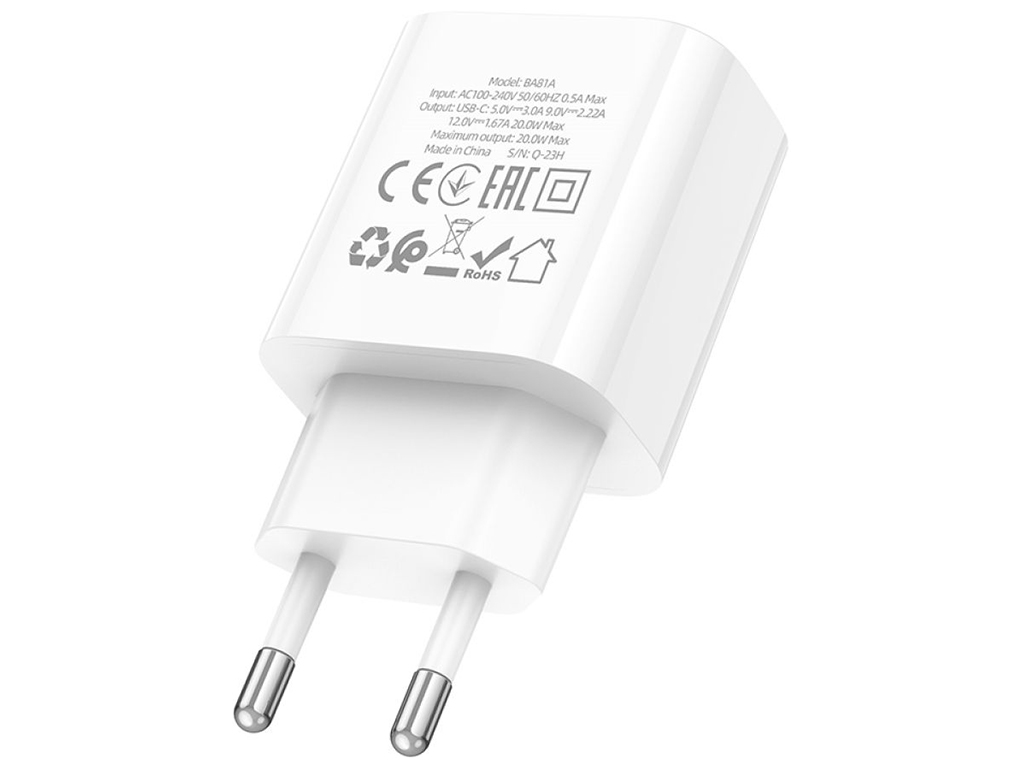 Мережевий Зарядний Пристрій Borofone BA81A 1 Type-C PD20W, Колір Бiлий