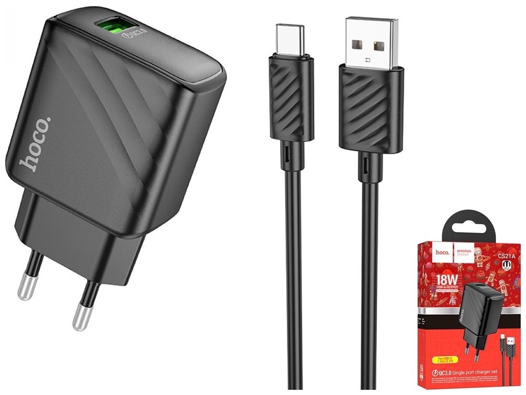 Мережевий Зарядний Пристрій Hoco CS21A 1USB QC 18W+USB to Type-C Колір Чорний