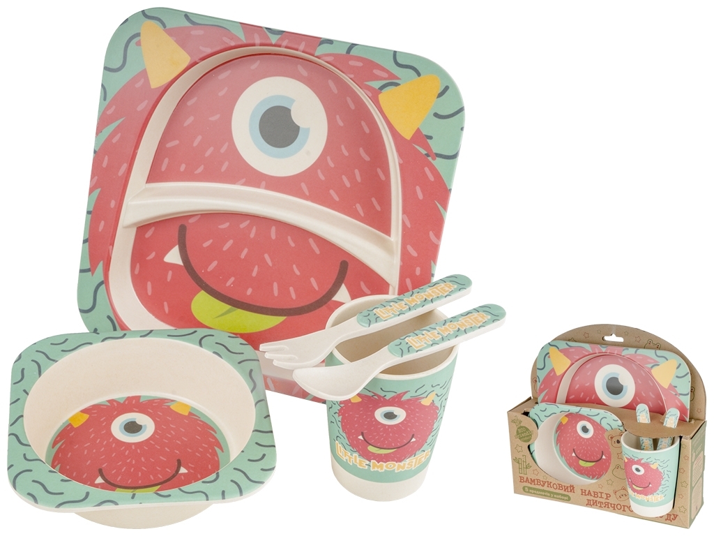 Набір дитячого бамбукового посуду 5 предметів Stenson Монстрик (2 тарілки, вилка, ложка, склянка)