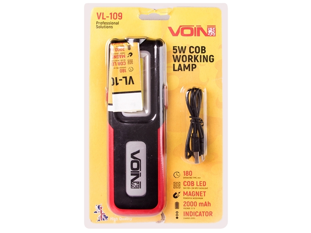 Переносная лампа Voin, 5W-COB+3W XPE, Power Bank 2000mAh, магнит, индикатор заряда, 15х4х3см (VL-109