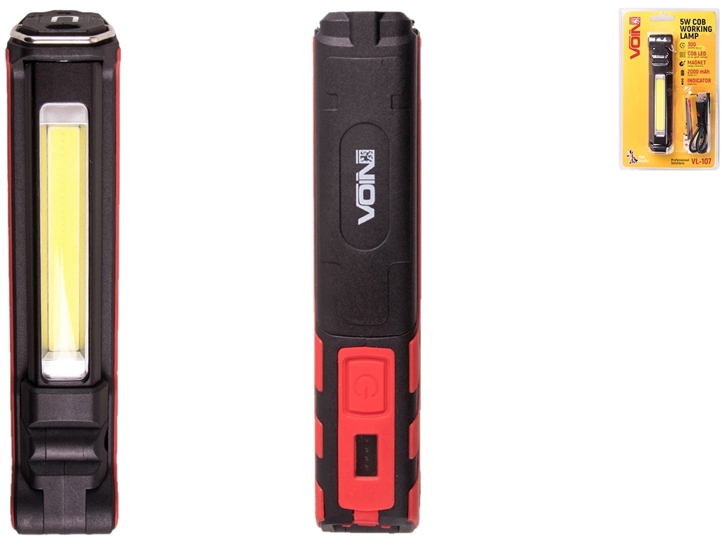 Переносна лампа Voin, 5W-COB+3W XPE, АКБ 2000mAh, магніт, індикатор заряду, 15х4х3см (VL-107)