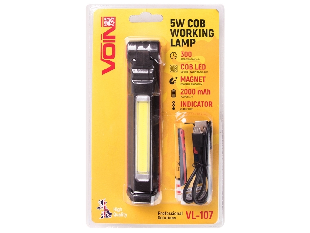 Переносна лампа Voin, 5W-COB+3W XPE, АКБ 2000mAh, магніт, індикатор заряду, 15х4х3см (VL-107)