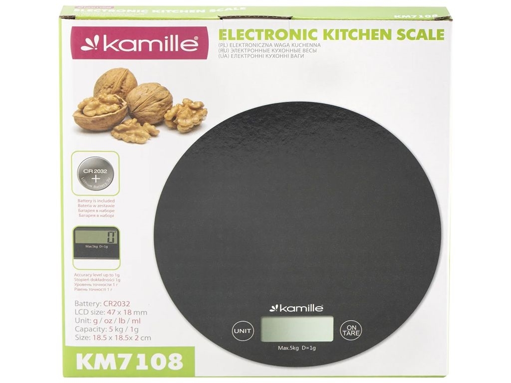 Весы кухонные электронные стеклянные Kamille до 5кг LCD-дисплей CR 2032 18,5х18,5х2см