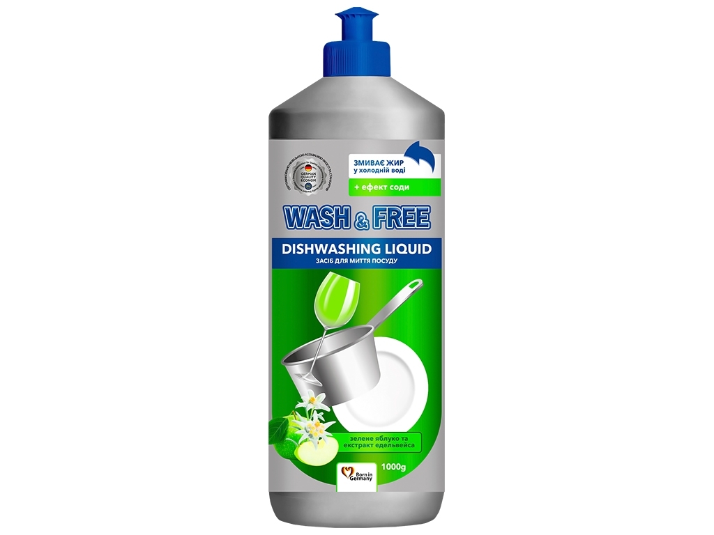 Засіб для миття посуду Wash&Free Зелене яблуко та екстракт едельвейсу 1л 01379
